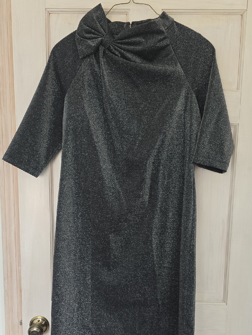 Rickie Freeman Teri Jon Black Sparkle Midi Dress with Neck Bow